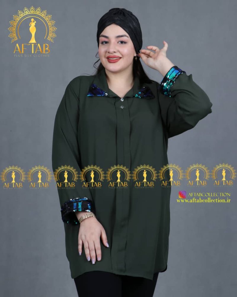 شومیز مجلسی خرجکار پولکی سایز بزرگ رنگ یشمی