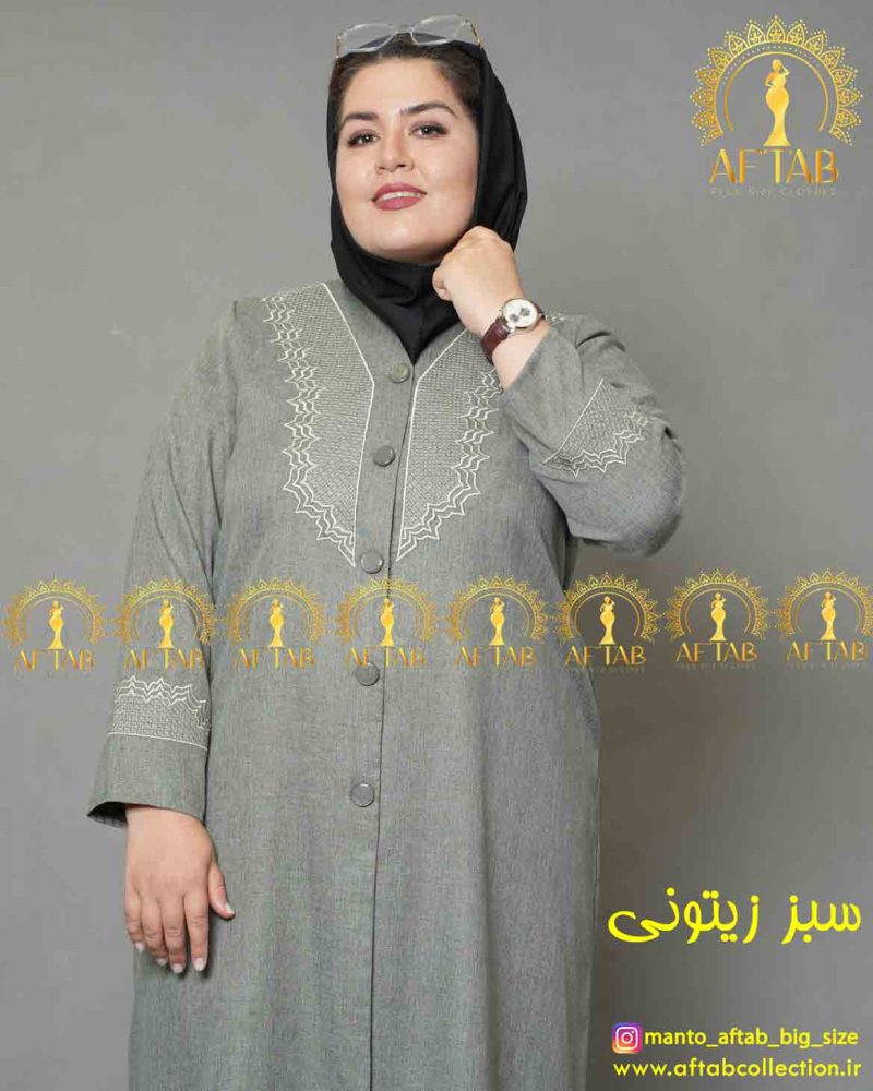 مانتو گلدوزی سبز زیتونی