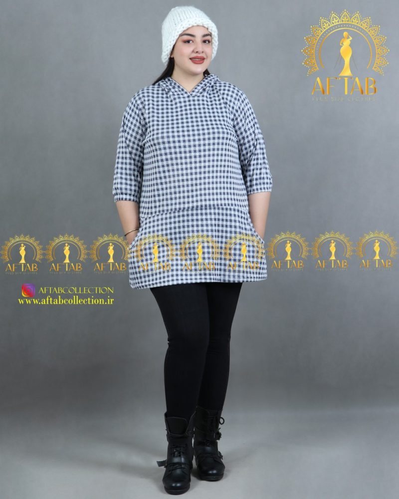 هودی چهارخانه پاییزه سایز بزرگ سرمه ای