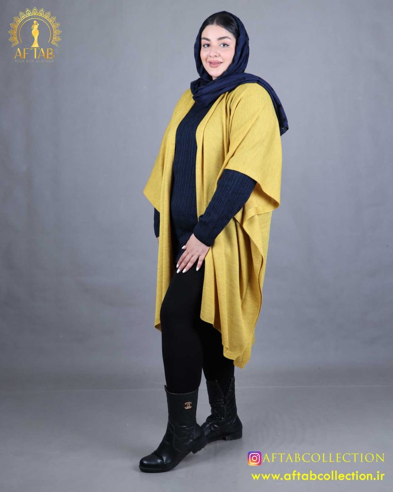 مانتو بافت پانچ سایزبزرگ خردلی رنگ