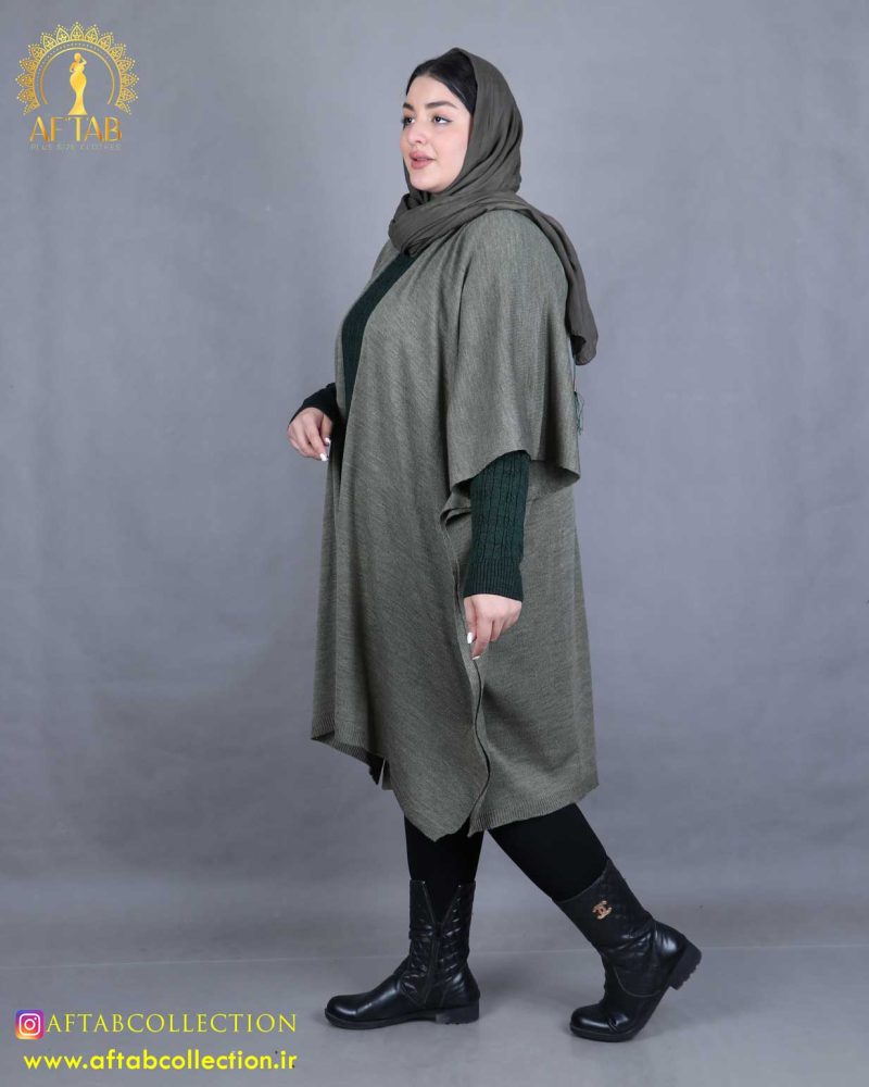 مانتو بافت پانچ سایزبزرگ زیتونی رنگ
