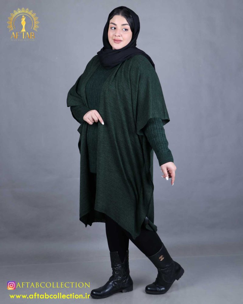 مانتو بافت پانچ سایزبزرگ سبز چمنی