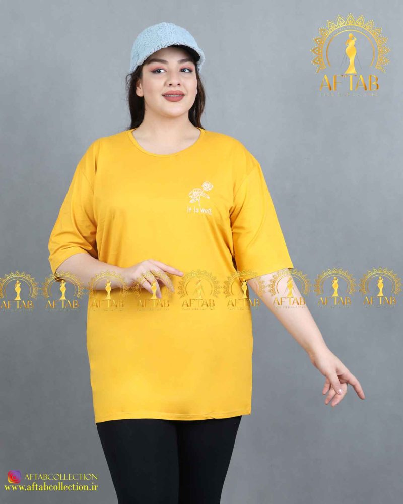 تیشرت گل رز راحتی سایز بزرگ خردلی