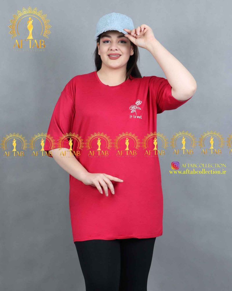 تیشرت گل رز راحتی سایز بزرگ زرشکی