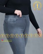 شلوار جین کمرکش طوسی سایزبزرگ بدون زیپ و دکمه