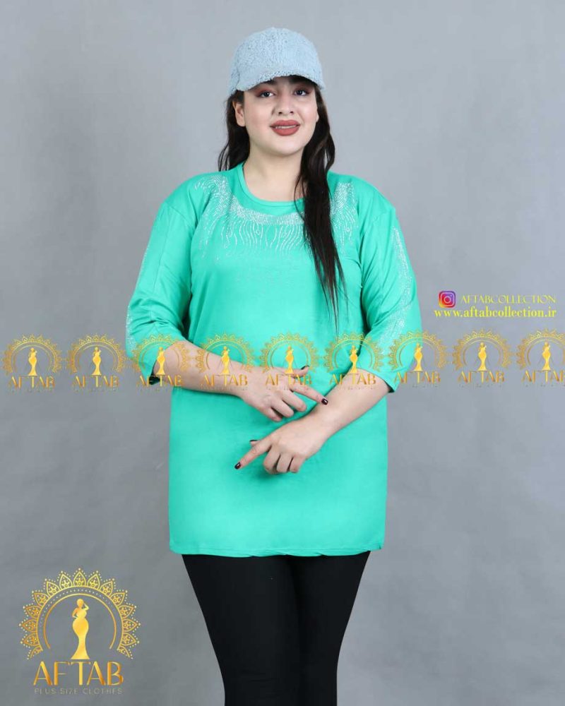 تیشرت آستین سه ربع نگین دار سایزبزرگ فیروزه ای