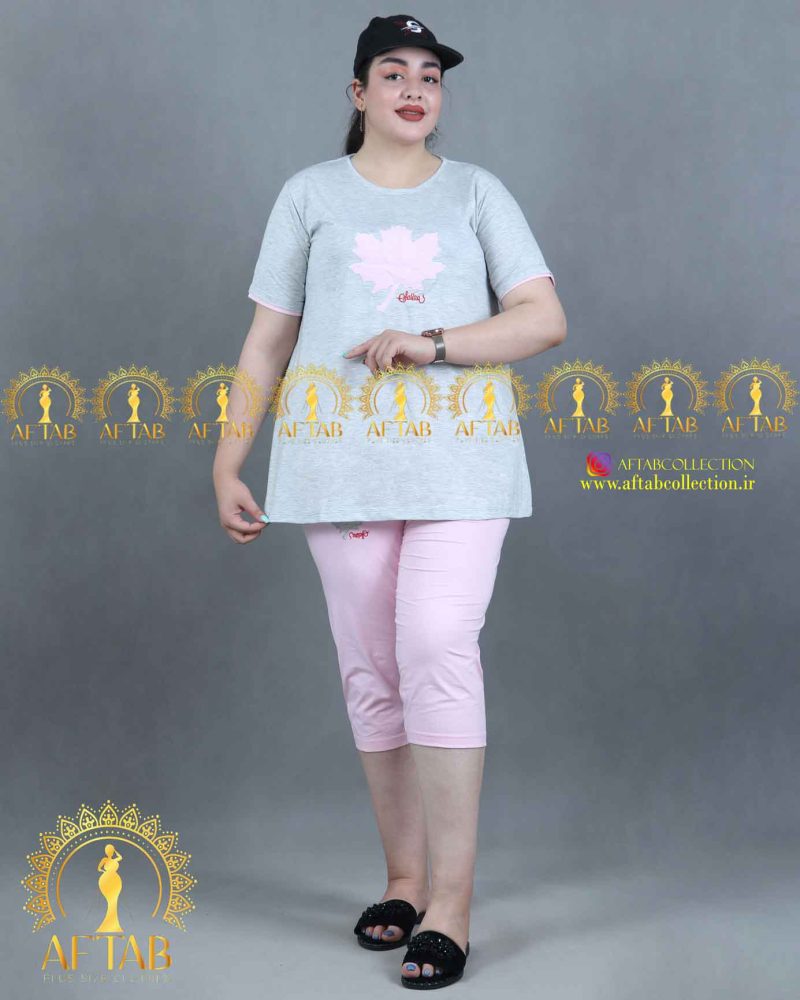 ست تیشرت شلوار برگی سایزبزرگ رنگ صورتی