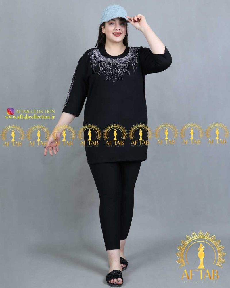 تیشرت آستین سه ربع نگین دار سایزبزرگ مشکی
