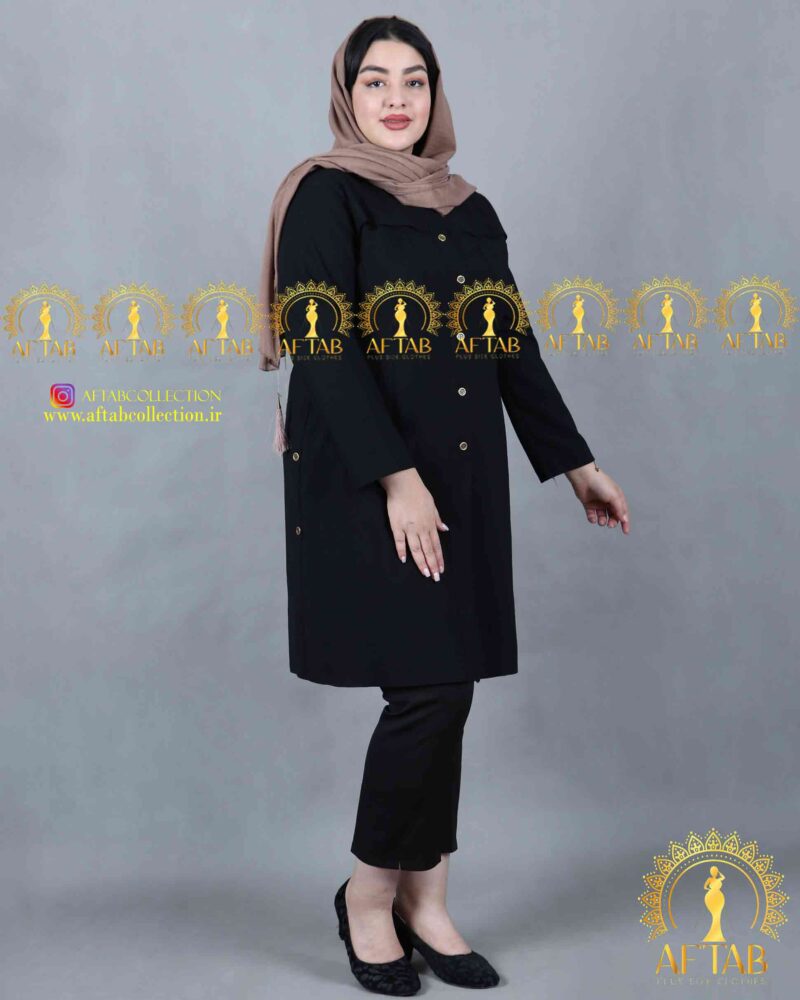 مانتو اسپرت اداری بغل دکمه سایزبزرگ رنگ مشکی مانتو اسپرت اداری بغل دکمه سایزبزرگ رنگ مشکی