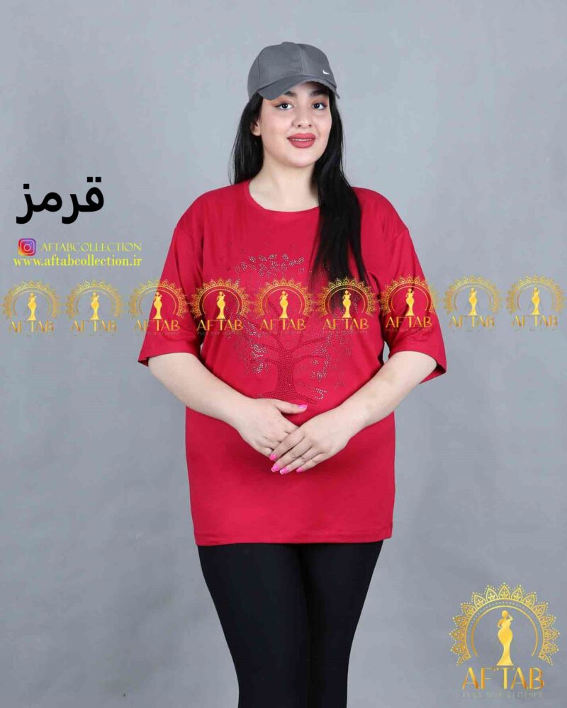 تیشرت طرح نگین درختی سایزبزرگ رنگ قرمز