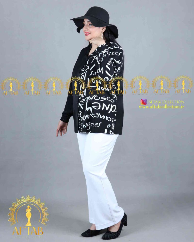 شومیز یک طرف طرحدار مجلسی سایزبزرگ سفید مشکی