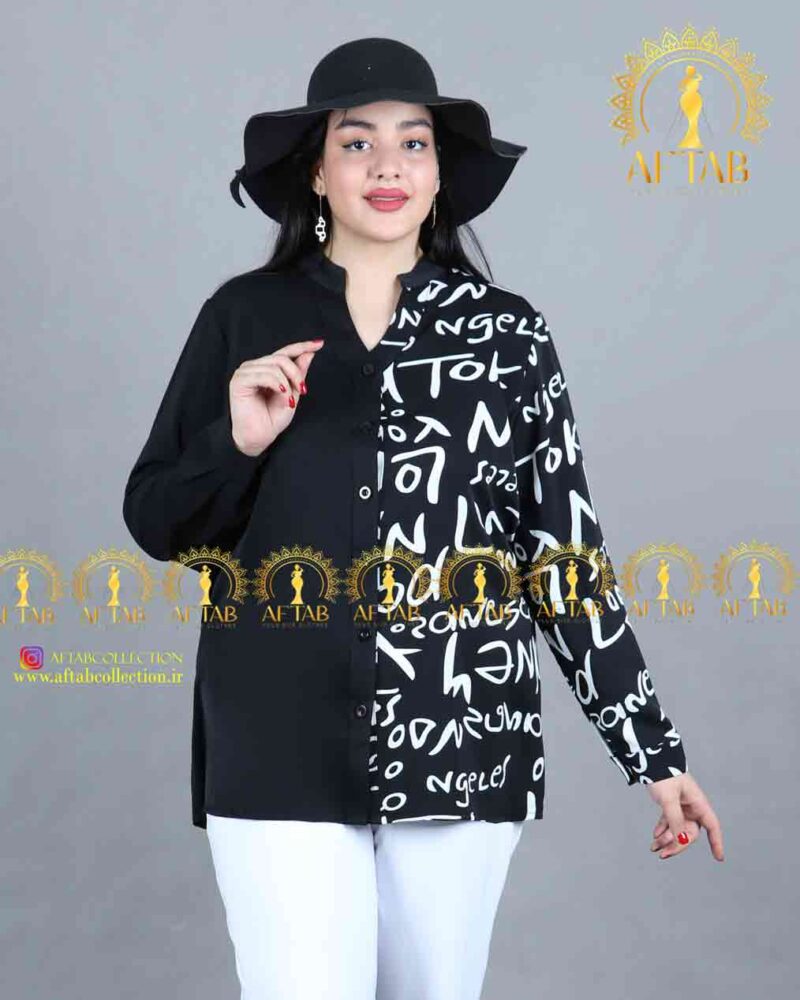 شومیز یک طرف طرحدار مجلسی سایزبزرگ طرح انگلیسی