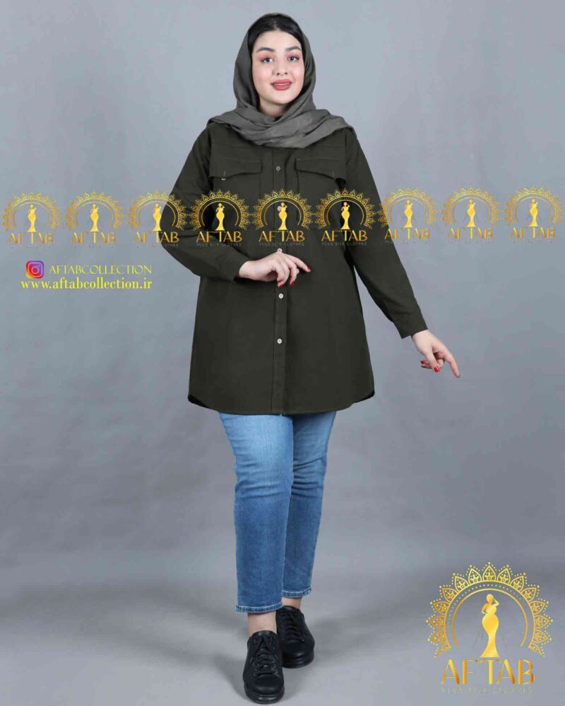 مانتو لنین اسپرت یقه مردانه سایزبزرگ رنگ سبز تیره