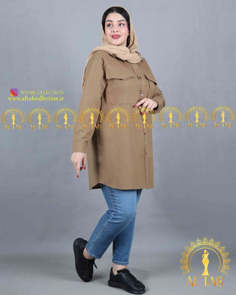 مانتو لنین اسپرت یقه مردانه سایزبزرگ رنگ کرم