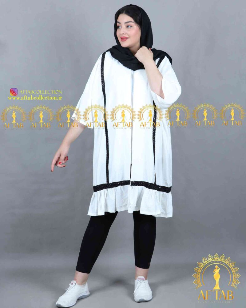 مانتو زنانه جلو باز بابوس سایزبزرگ رنگ سفید