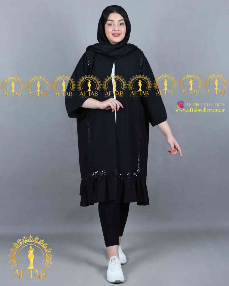 مانتو زنانه جلو باز بابوس سایزبزرگ رنگ مشکی