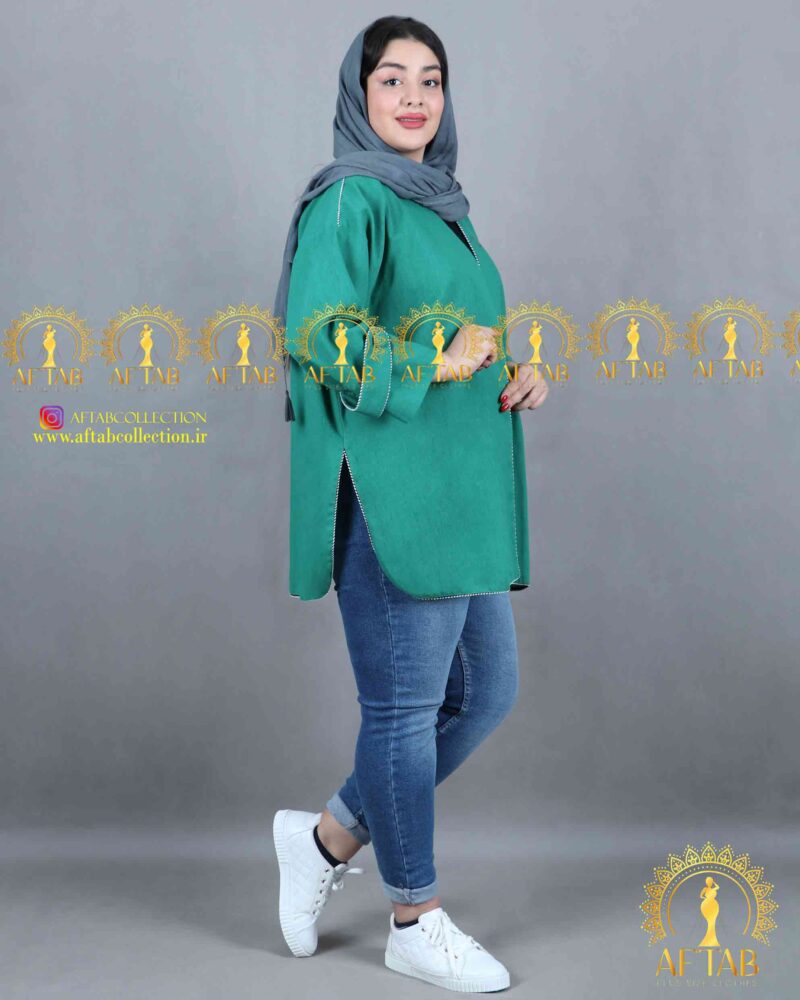 مانتو کتی لنین جلو باز سایزبزرگ سبز روشن