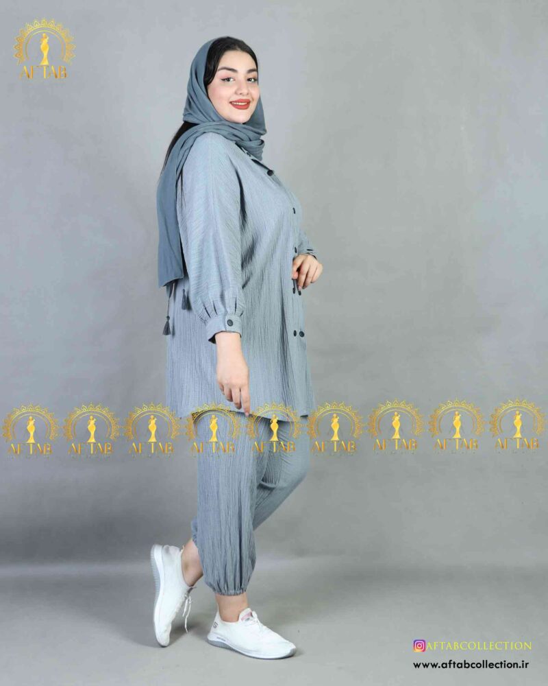 مانتو کراش منگنه سایز بزرگ طوسی کمر کش