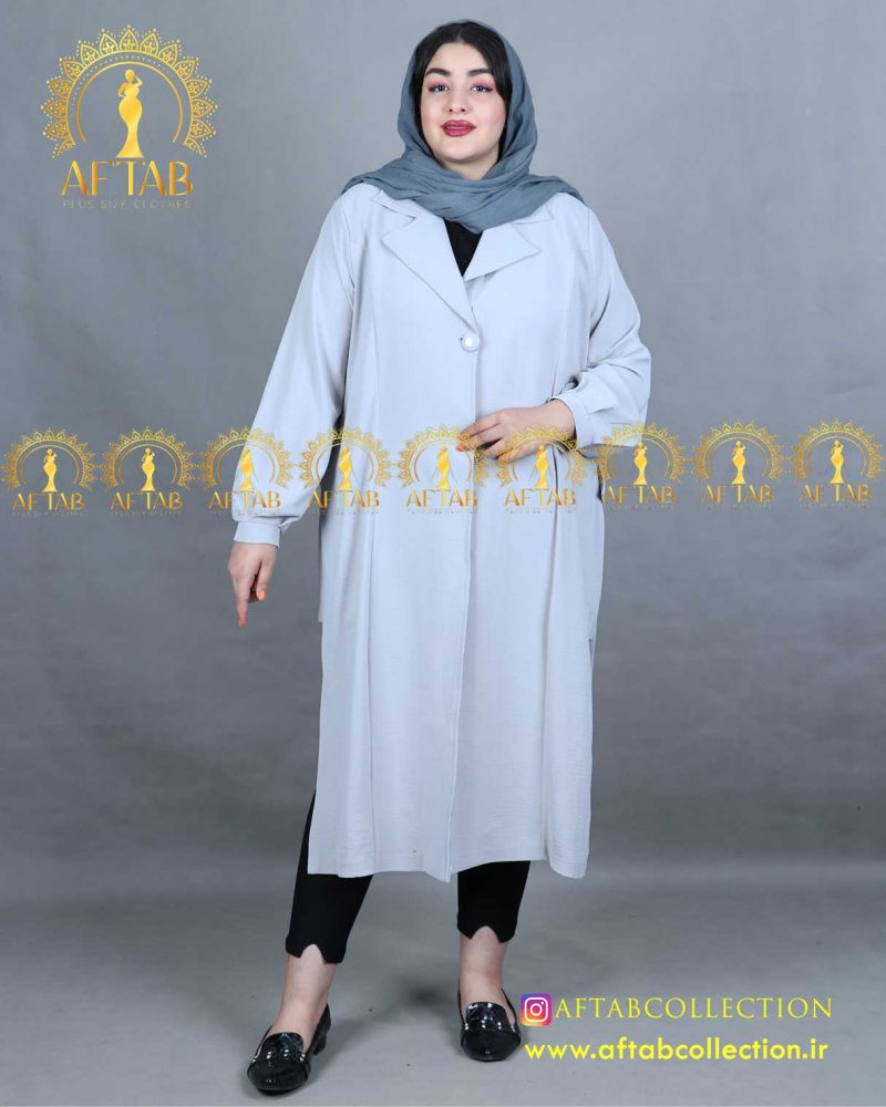 مانتو ابروبادی یقه انگلیسی سایز بزرگ طوسی مانتو ابروبادی یقه انگلیسی سایز بزرگ طوسی