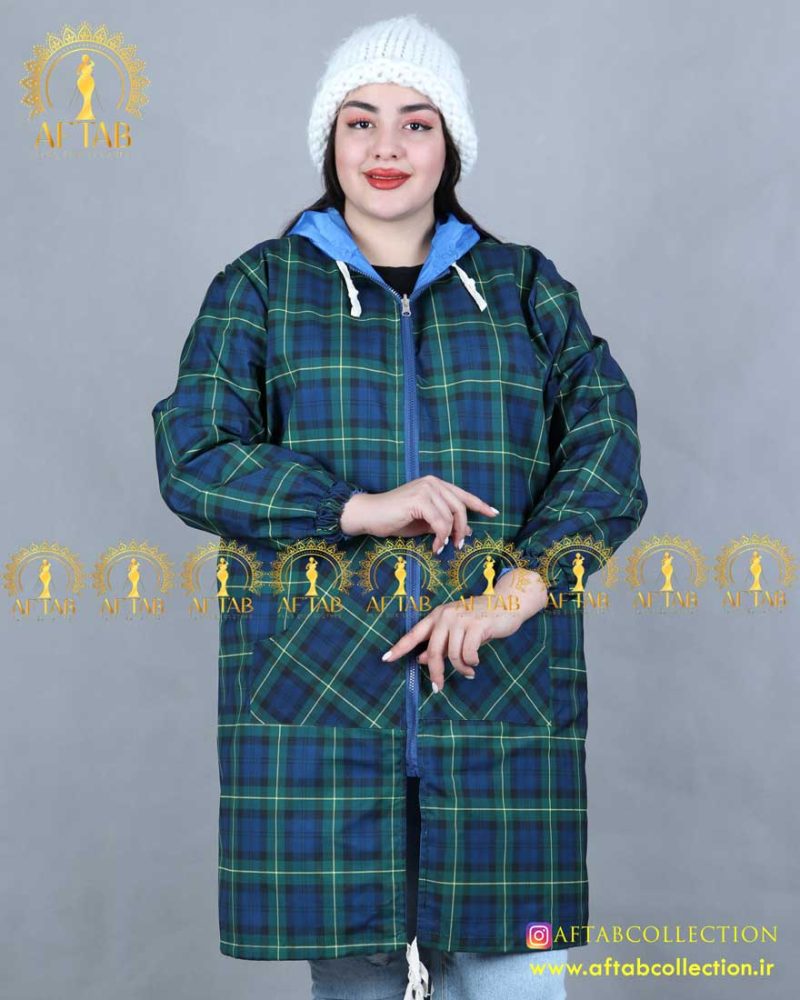 بارونی دورو چهارخونه سایزبزرک ابی چهارخونه کلاه