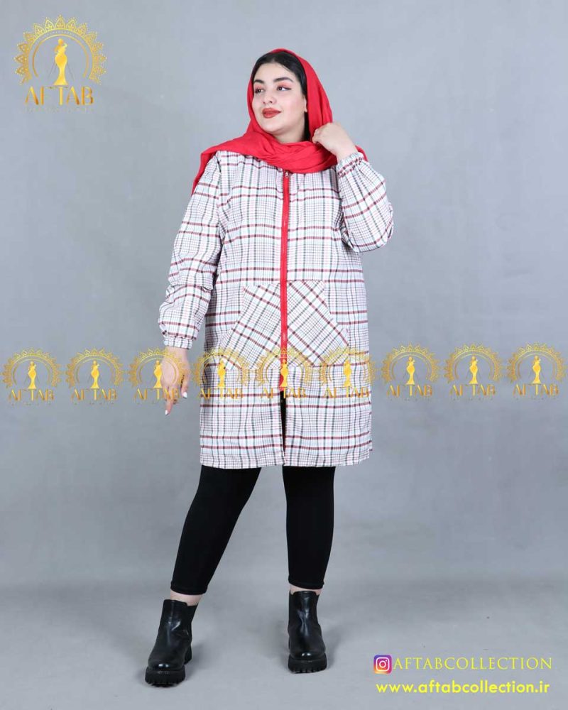 بارونی دورو چهارخونه سایزبزرک قرمز چهارخونه زیپ