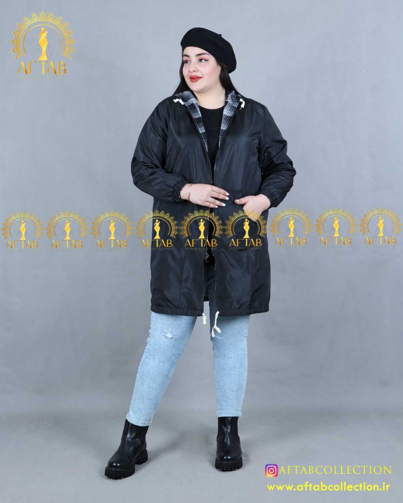 بارونی دورو چهارخونه سایزبزرک مشکی زیپ