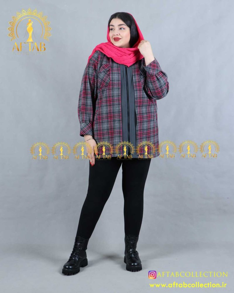 سویشرت چهارخونه پشمی سایزبزرگ سرخابی