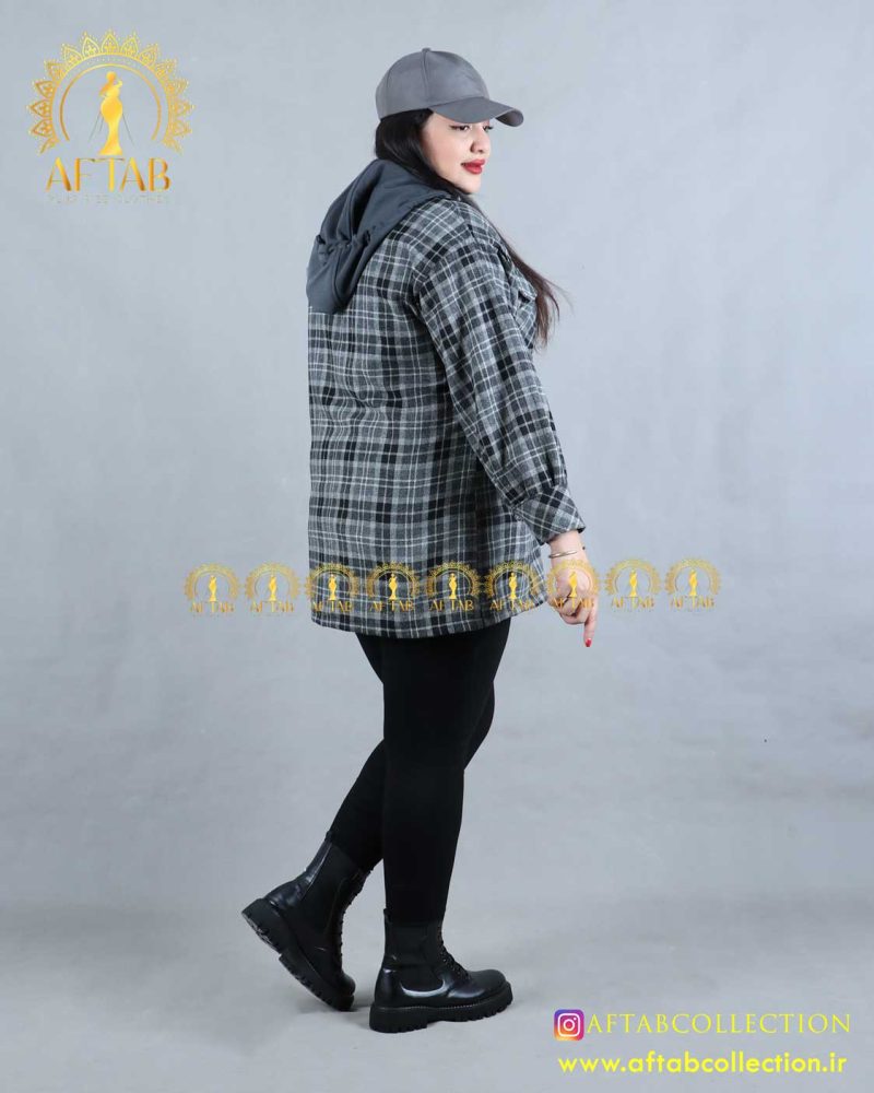 سویشرت چهارخونه پشمی سایزبزرگ کلاه دار
