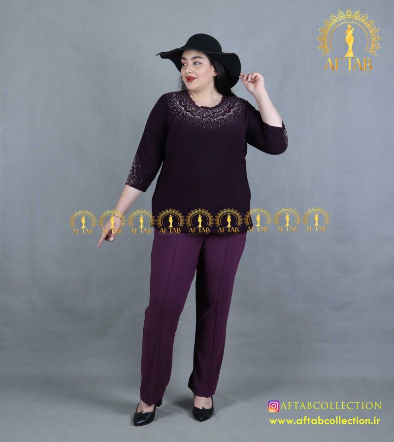 بلوز گلدوزی دایره ای سایزبزرگ بادمجانی