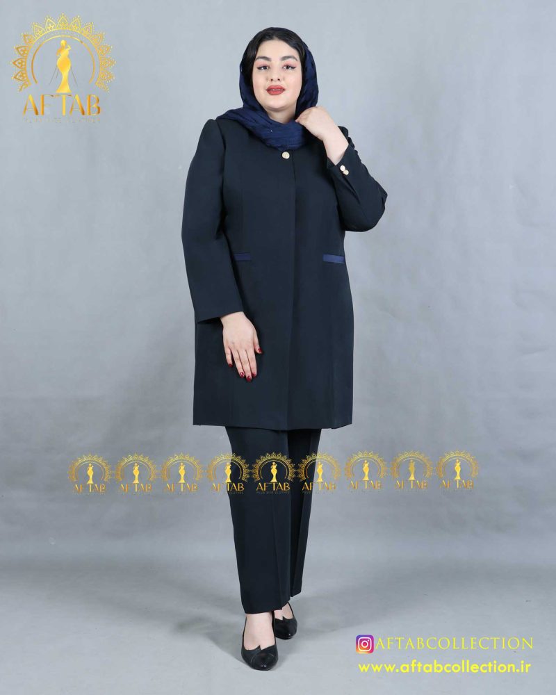 مانتو شلوار یقه گرد سایزبزرگ سورمه ای