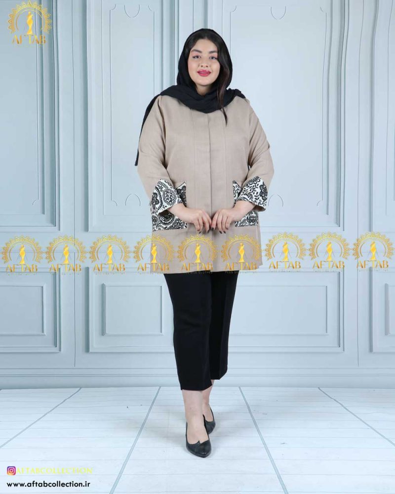 مانتو شانتون دو جیب خرجکار سایزبزرگ کرم