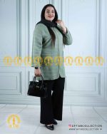 مانتو لنین خرجکار نواری سایزبزرگ سبز