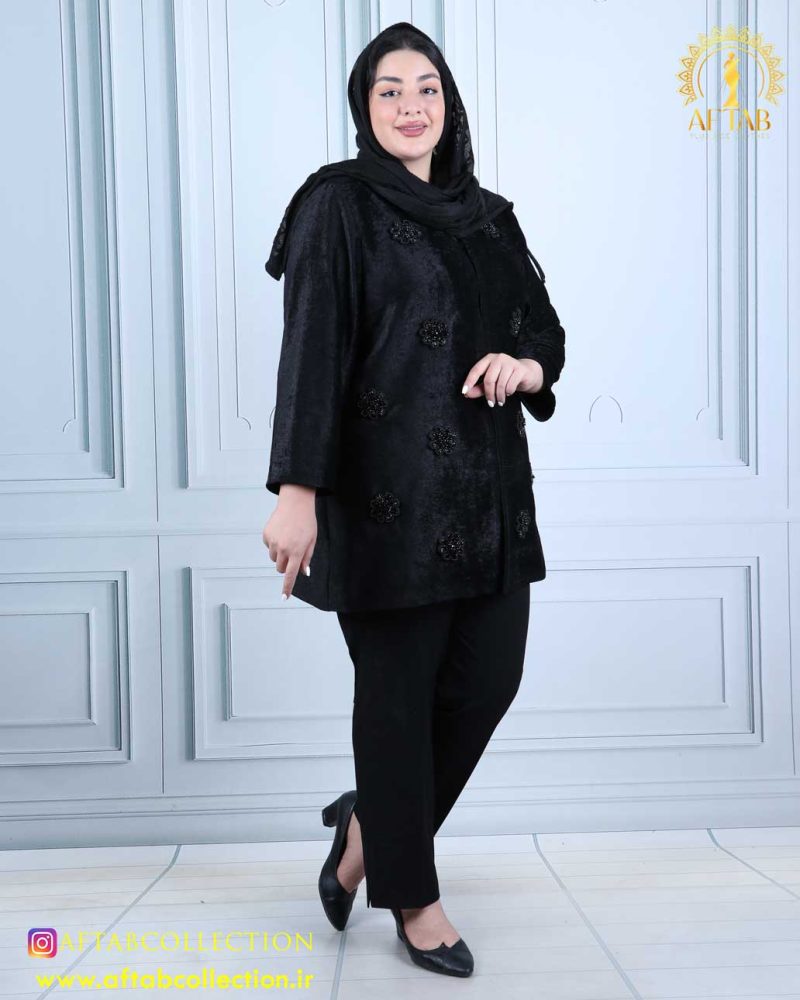 مانتو مخمل گل سنگدوزی سایزبزرگ شیک