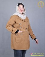 مانتو کتان 2جیب یقه انگلیسی سایزبزرگ شتری