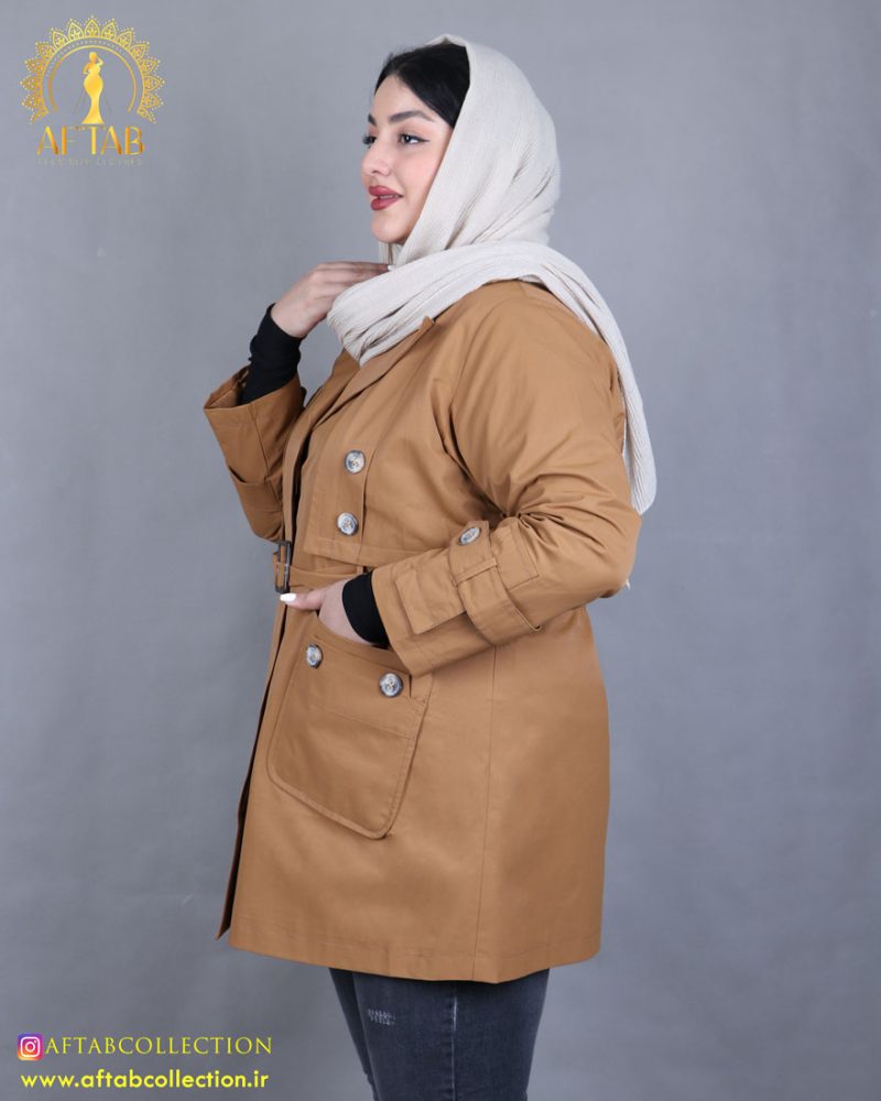 مانتو کتان 2جیب یقه انگلیسی سایزبزرگ نما بغل