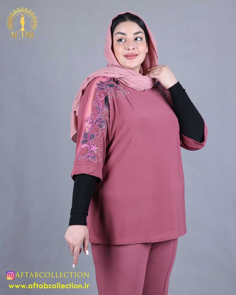 شومیز جودون سرشانه گیپور سایزبزرگ گلبهی رنگ