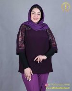 شومیز جودون سرشانه گیپور سایزبزرگ بادمجانی رنگ