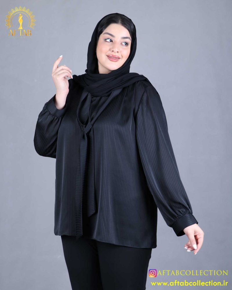 شومیز یقه کراواتی راه راه سایزبزرگ مشکی