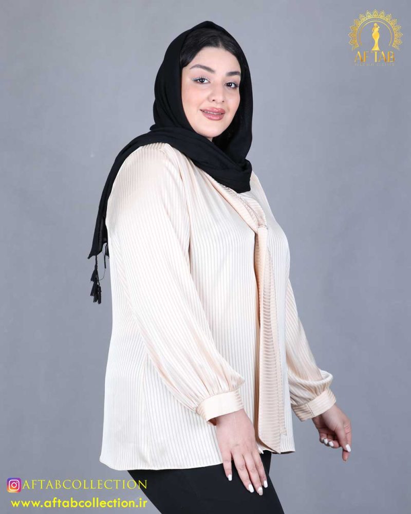 شومیز یقه کراواتی راه راه سایزبزرگ کرم رنگ