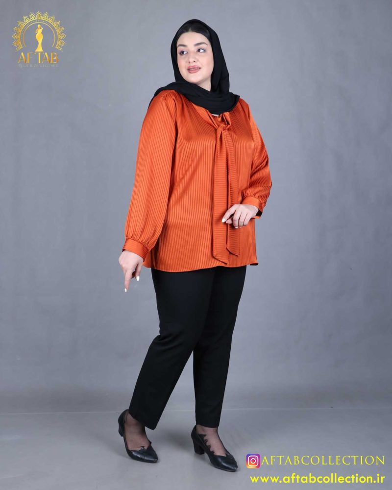 شومیز یقه کراواتی راه راه سایزبزرگ آجری