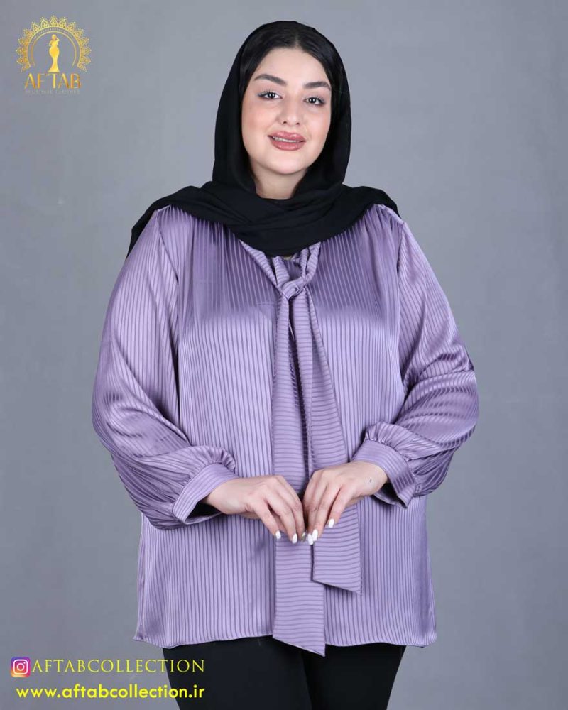 شومیز یقه کراواتی راه راه سایزبزرگ شیک