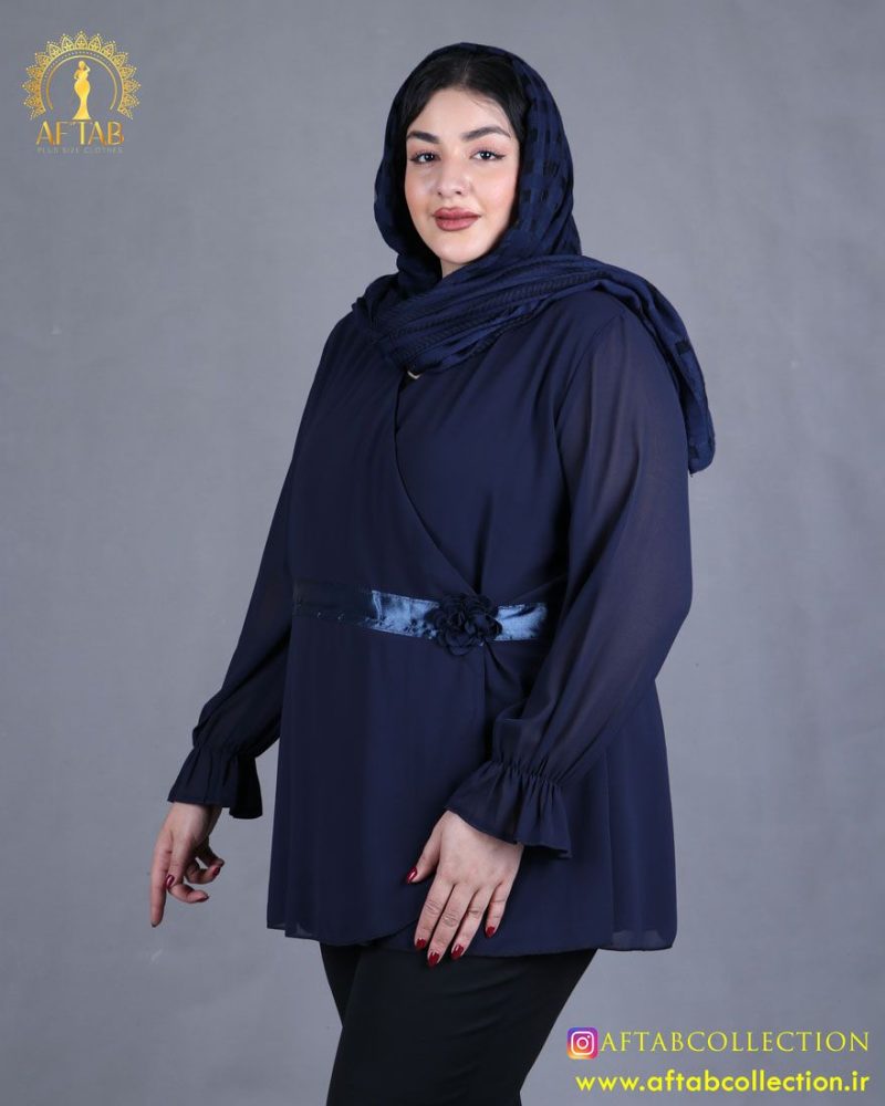 شومیز حریر روبان گلدار سایزبزرگ سورمه ای