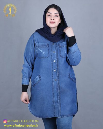 مانتو جین جیب پاکتی سایزبزرگ نما جلو