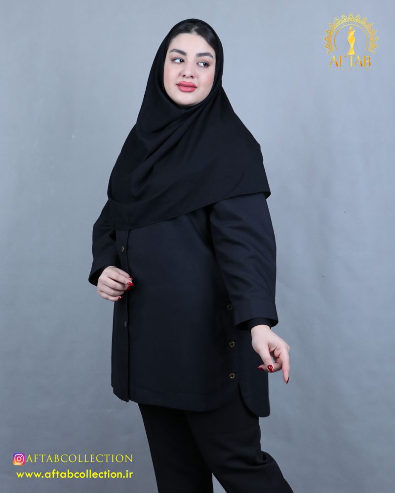مانتو کتان بغل دکمه سایزبزرگ مشکی رنگ