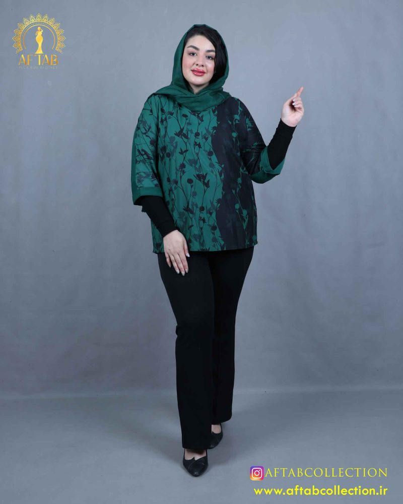 شومیز طرحدار مجلسی سایزبزرگ سبز رنگ