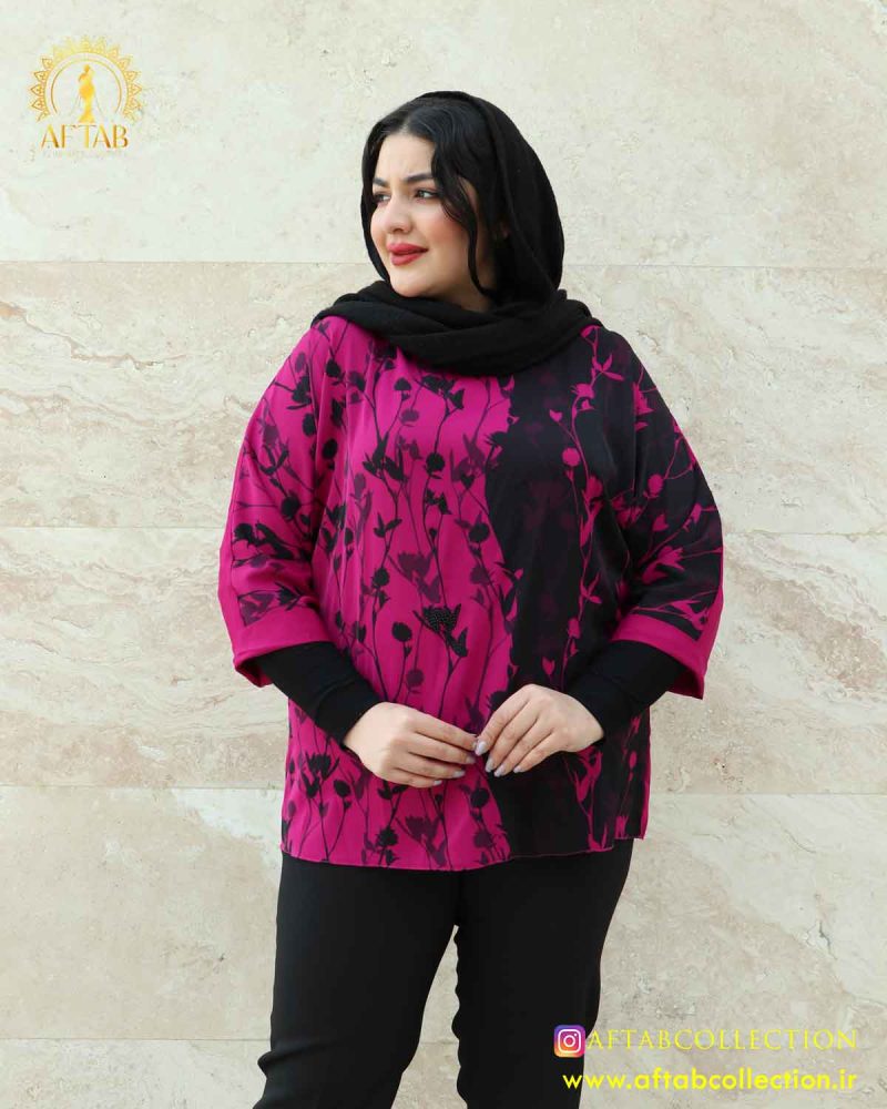 شومیز طرحدار مجلسی سایزبزرگ سرخابی رنگ