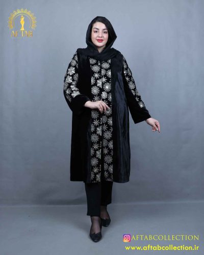 مانتو مخمل خورشیدی بلند سایزبزرگ نما دور
