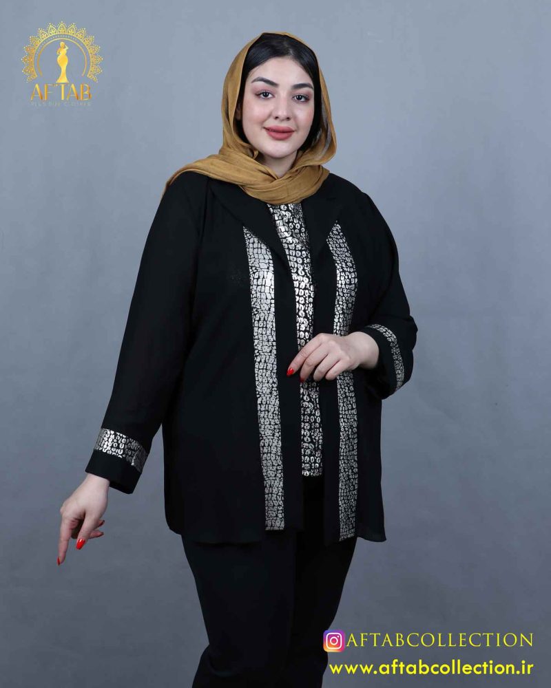 شومیز حریر دو تیکه طرحدار سایزبزرگ طلایی