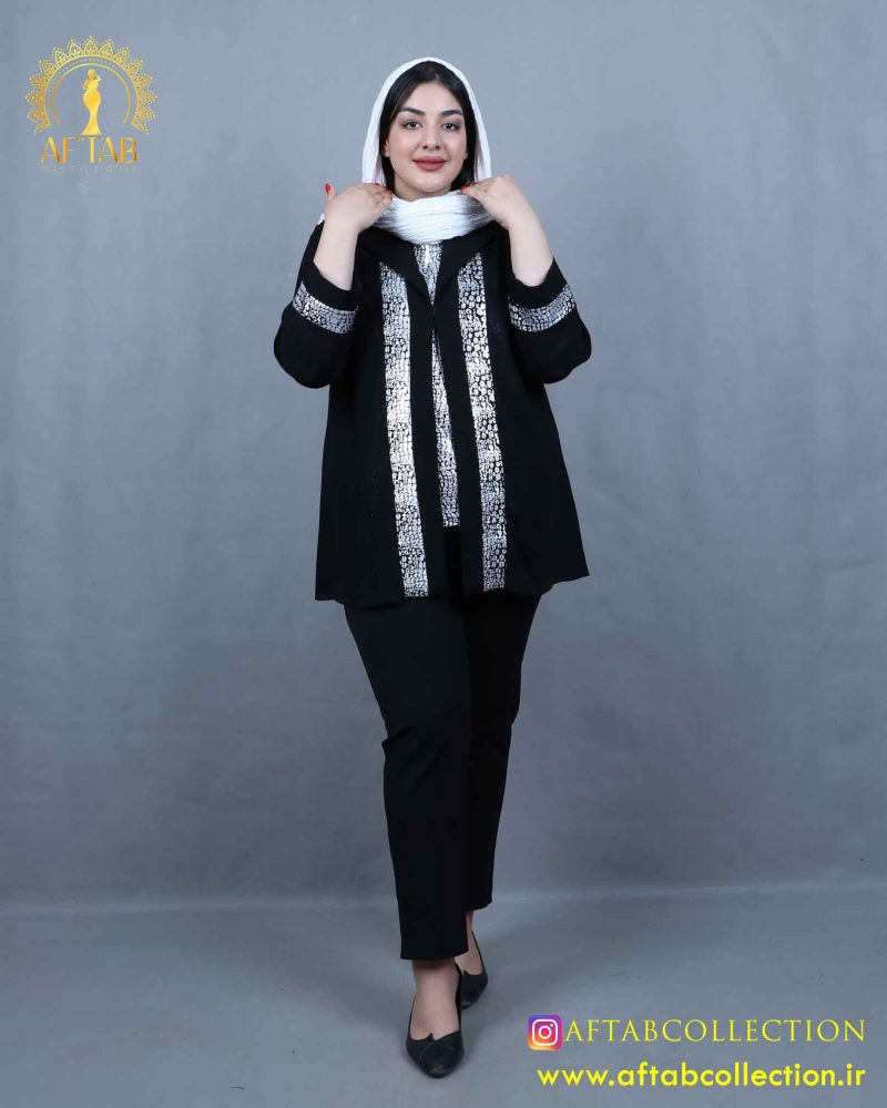 شومیز حریر دو تیکه طرحدار سایزبزرگ نقره ای