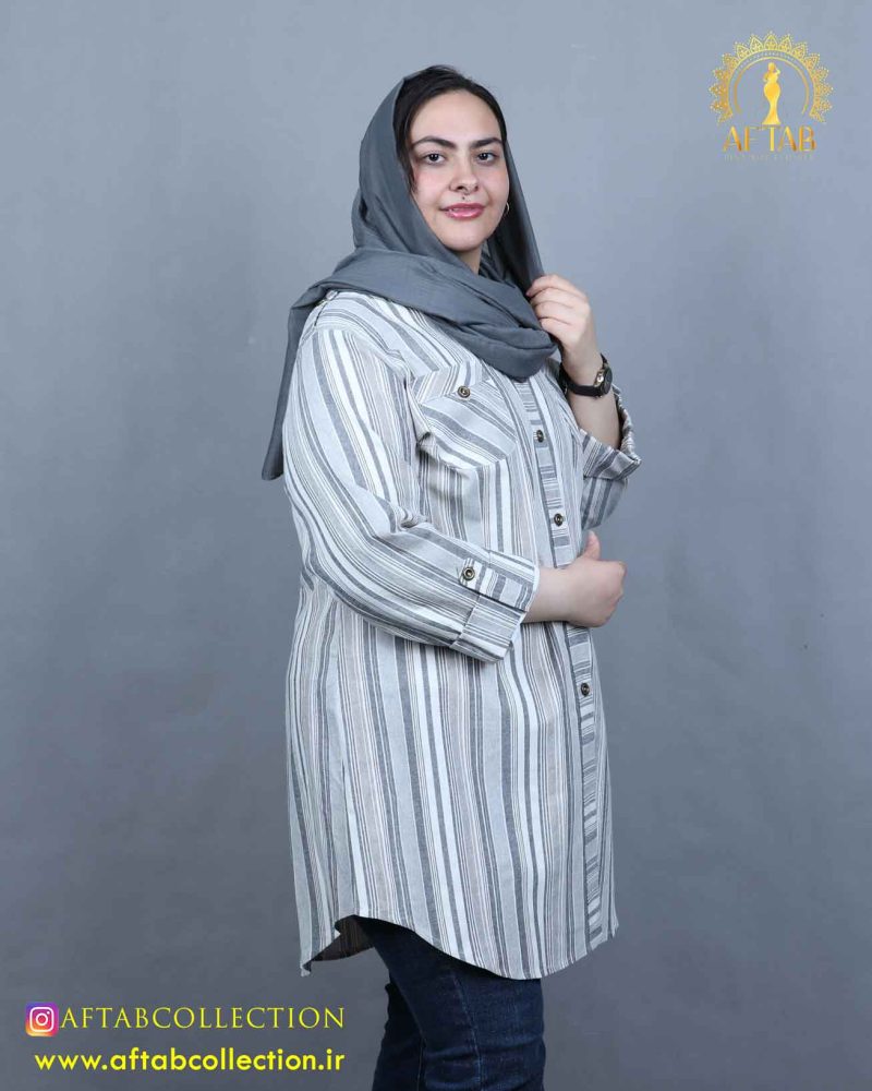 مانتو لنین راه راه یقه ایستاده سایزبزرگ 5640 - Image 2